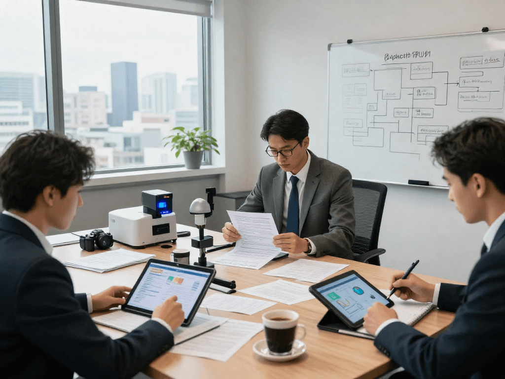 Document fraud detection scene with analysts examining various IDs and contracts in a modern office.