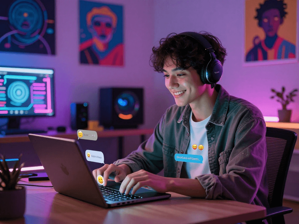 Young adult engaging in dirty chat AI on a sleek tablet amidst vibrant neon lights and tech gadgets in a cozy room.