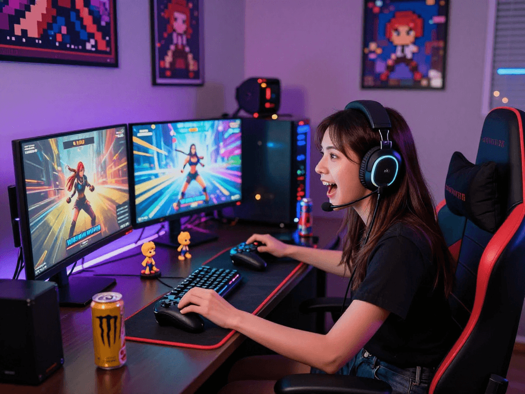 Female porn game scene featuring a focused gamer with vibrant gaming setup, displaying energetic atmosphere.