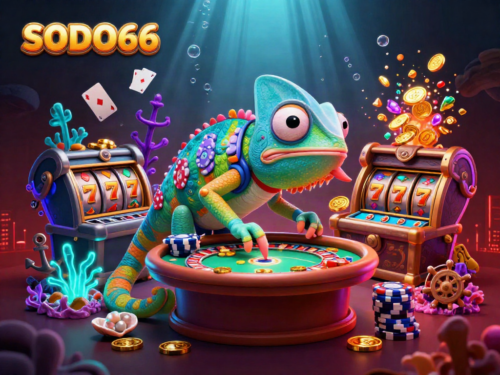 SODO66 showcases a vibrant casino scene with a chameleon owner and dynamic game elements.