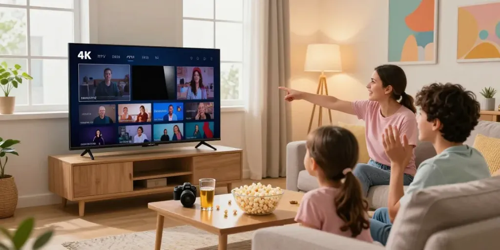 Family enjoying IPTV Italia with a big screen and snacks in a cozy living room.