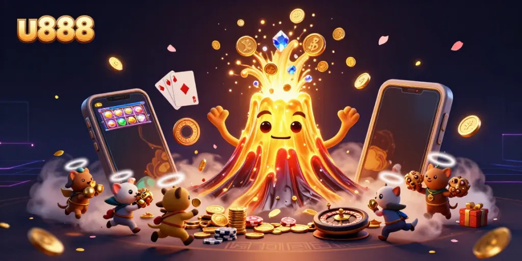 Experience imaginative gameplay at u888 with a golden volcano emitting treasures and slot games.