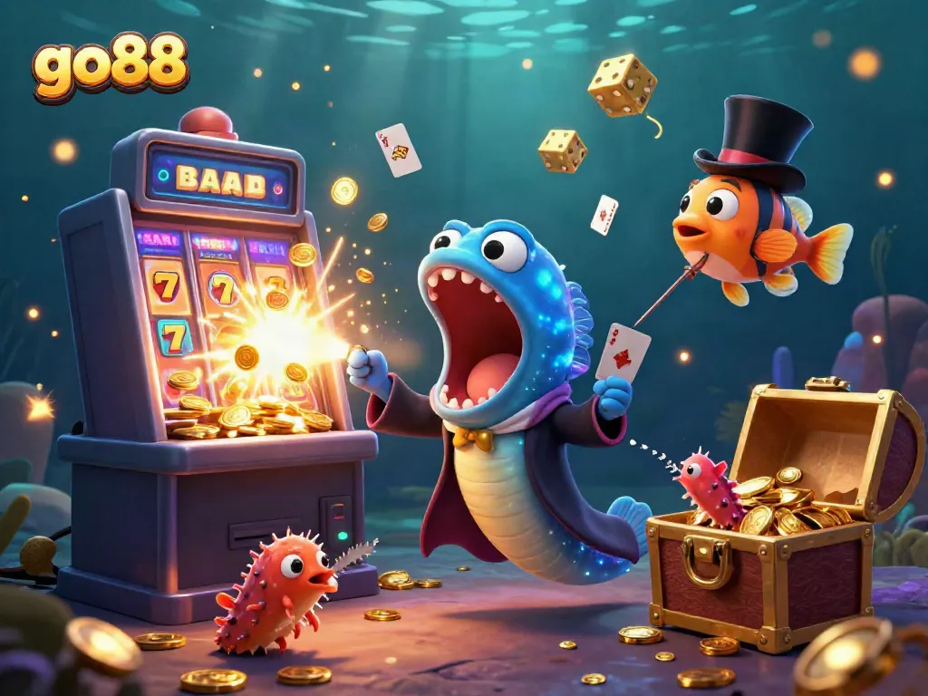 Experience go88's vibrant online gaming with a whimsical underwater casino scene featuring unique characters.