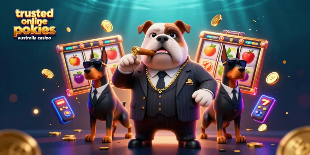Experience trusted online pokies Australia casino with a dynamic scene of a mafia bulldog and Dobermans amid colorful slot game elements.
