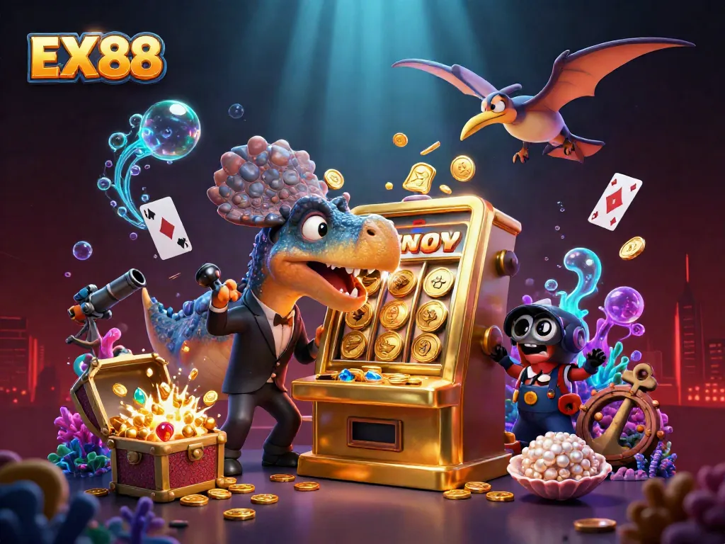 Engaging illustration of a pachycephalosaurus playing slot machines at EX 88 casino, with coins flying around.