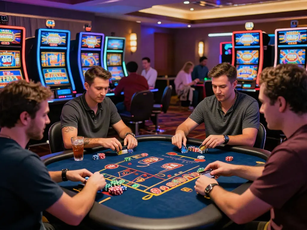 Exciting scene at a credit card casino with players enjoying games, vibrant lights, and engaging atmosphere.