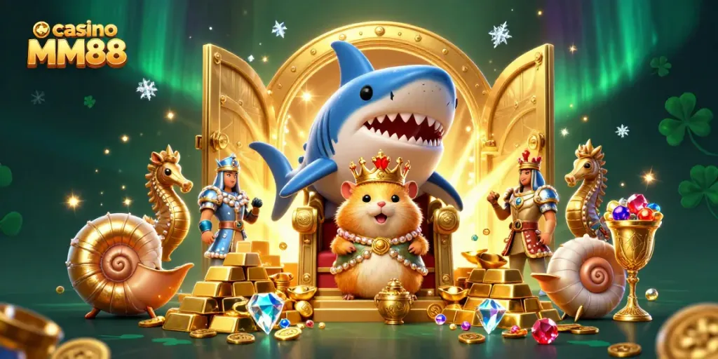 Play exciting casino MM88 games featuring treasures, a golden hamster king, and rich gems illustration