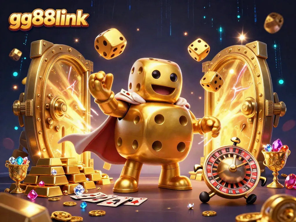 Spin and win with gg88link's vibrant 3D casino scene featuring golden dice and treasure.