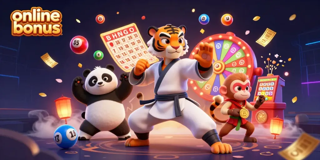 Engaging online casino bonus illustration showcasing a kung fu tiger, panda, and monkey amid colorful gaming elements.