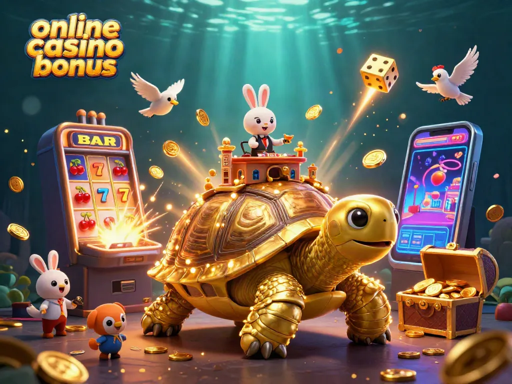 Experience the excitement of online casino bonuses with a vibrant 3D casino scene featuring a golden tortoise and dynamic game elements.