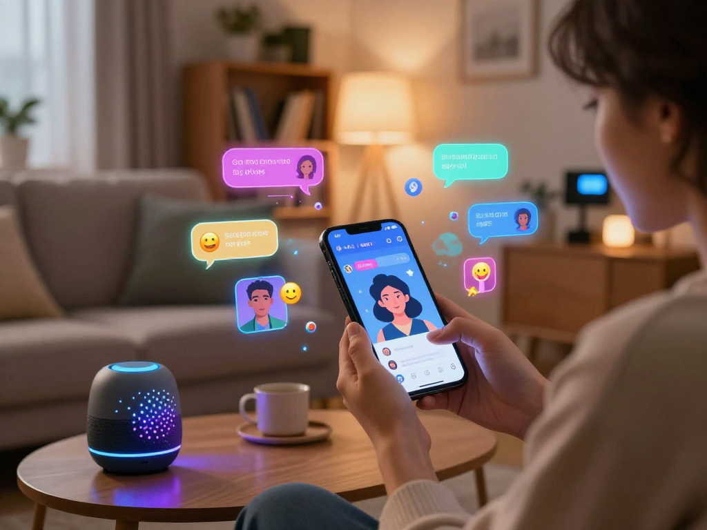 Person enjoying an ai sex chat on smartphone in a cozy living room, featuring holographic character avatars.