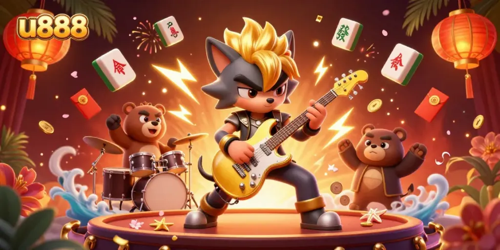 Rock star wolf performing at u888 casino, surrounded by vibrant gaming elements.