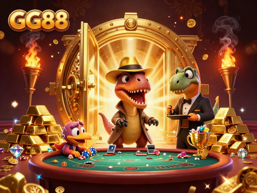 Experience the thrill of GG88 with cartoon characters at a lively casino scene featuring treasures and excitement.