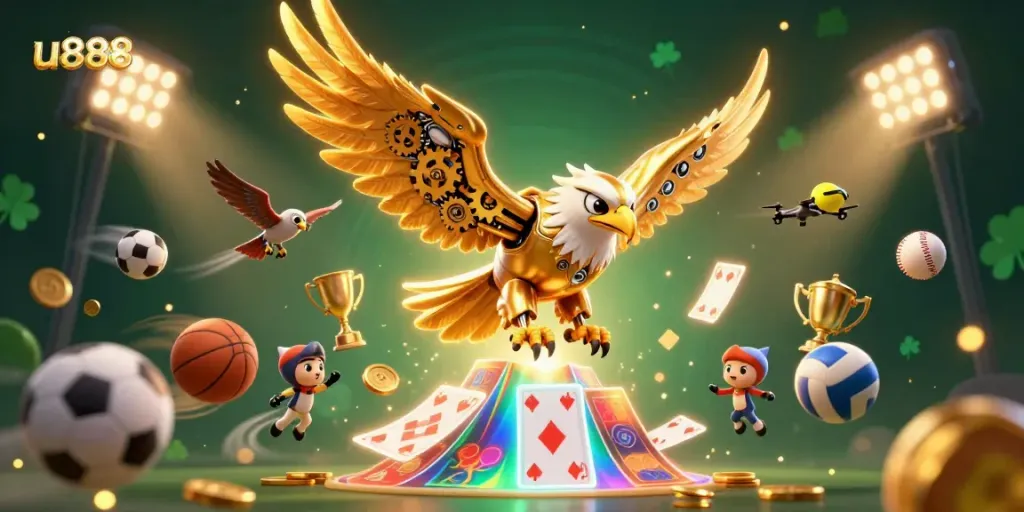 Experience the thrill of winning with u888, featuring a cybernetic eagle and dynamic sports betting elements.