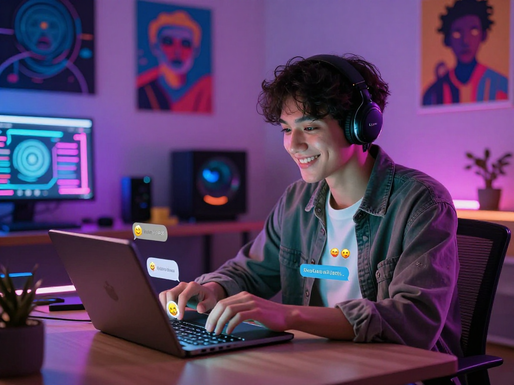 Young adult engaging in dirty chat AI on a sleek tablet amidst vibrant neon lights and tech gadgets in a cozy room.