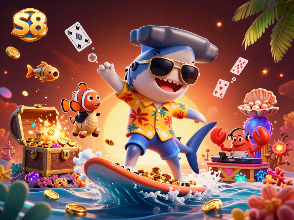 S8 players engage with vibrant slot-themed scene, featuring interactive characters and game elements.