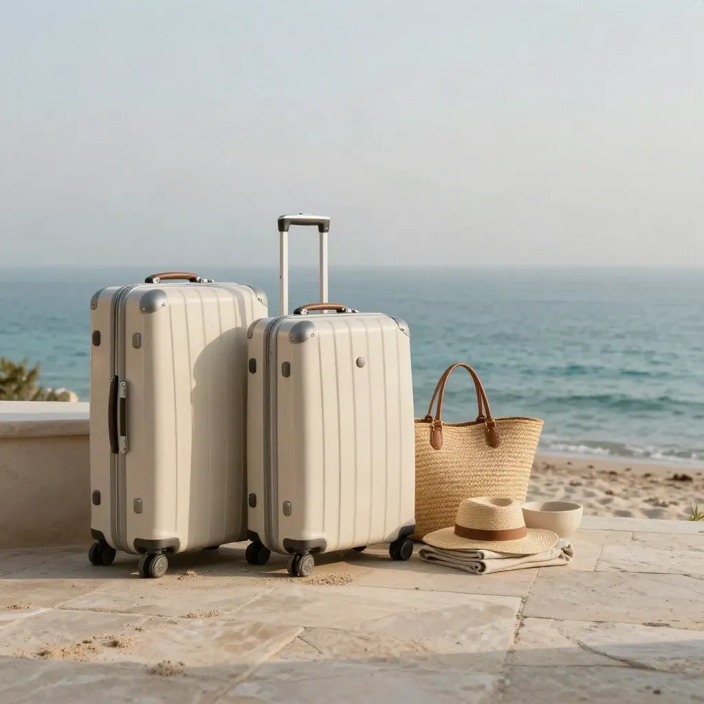 Valigie e accessori premium su terrazza vista mare, luce cinematografica e foschia marina