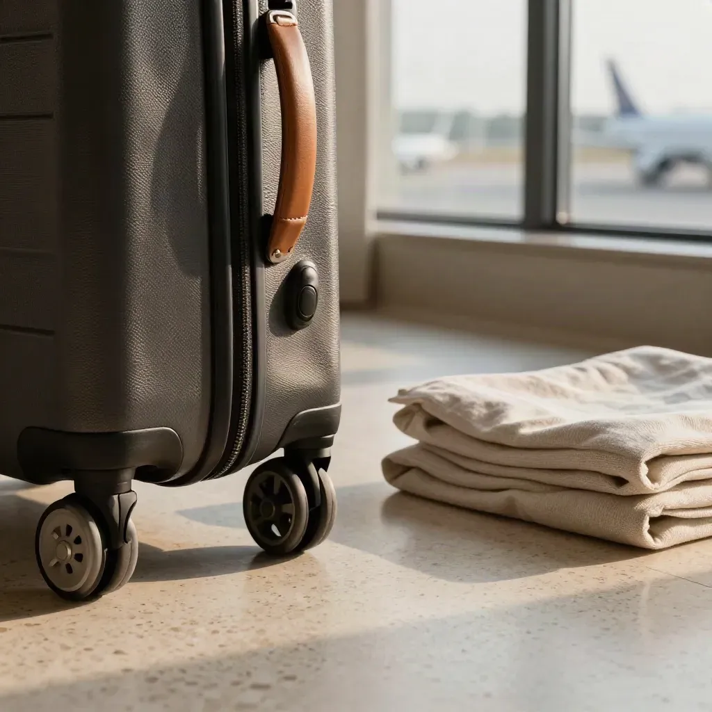 Valigia da cabina accanto al letto in una stanza d’hotel cittadina, con riflesso d’aeroporto nel vetro.