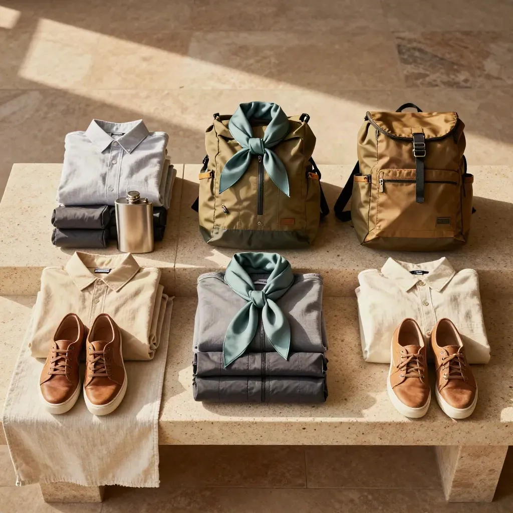 Tre itinerari di viaggio pronti su una panca in lino, con scarpe, foulard e kit escursionistico.