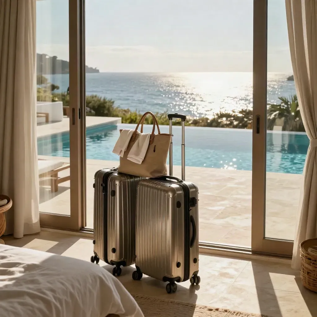 Suite vista mare pronta per la vacanza con valigie, borsa mare e terrazza luminosa.