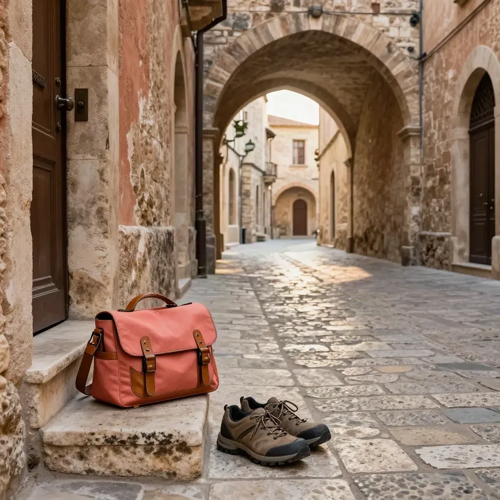 Vicolo storico in pietra con sacca guida, scarpe da cammino e archi verso il centro