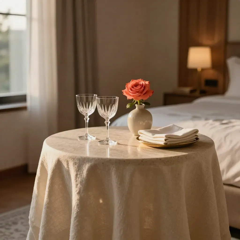 Suite romantica con tavolo per due, rose corallo e calici vuoti in luce serale.