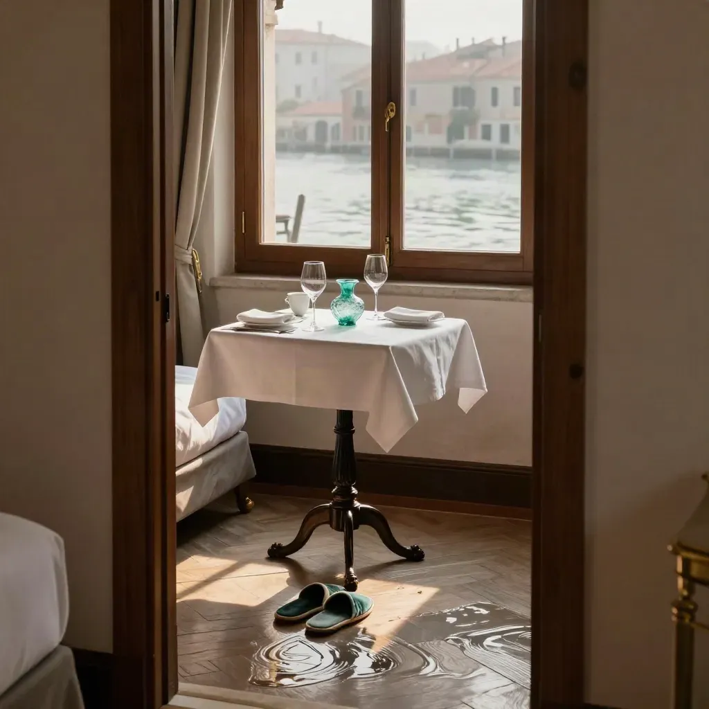 Camera boutique veneziana con tavolo apparecchiato, pantofole di velluto e riflessi d'acqua sul muro.