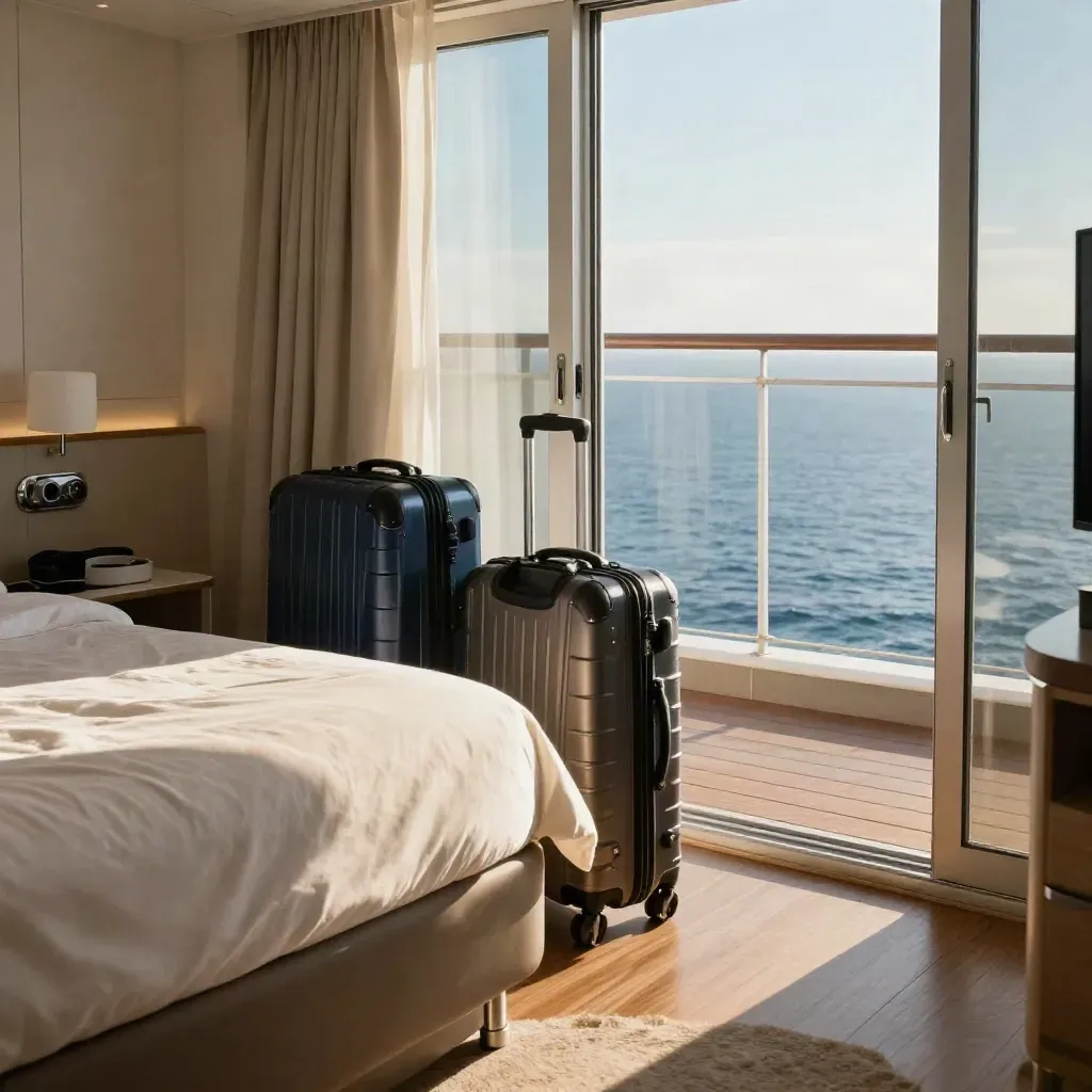 Cabina crociera pronta alla partenza, valigie impilate, balcone aperto e mare calmo all’alba.