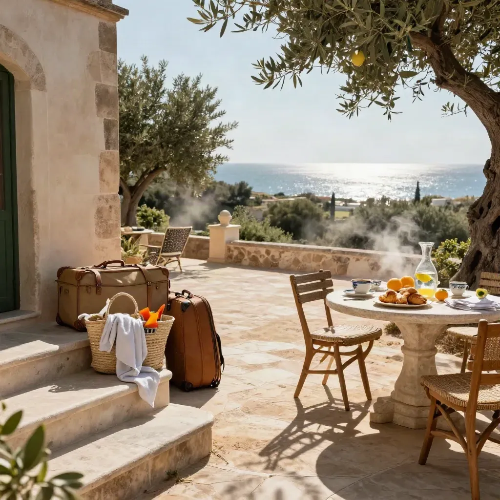 Villa siciliana pronta per una settimana di mare, con valigie, borsa da spiaggia e colazione.