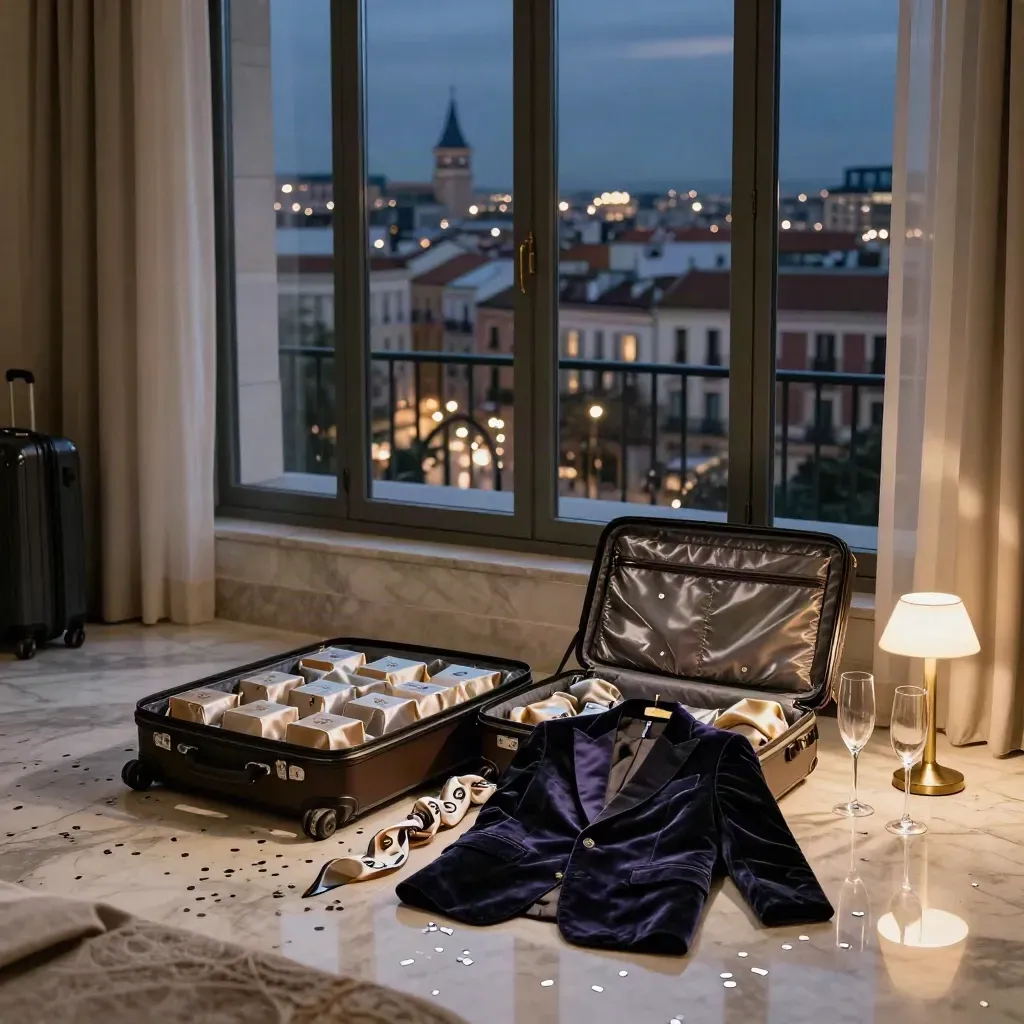 Suite a Madrid con valigie aperte, confetti argentati e vista notturna sulla città.