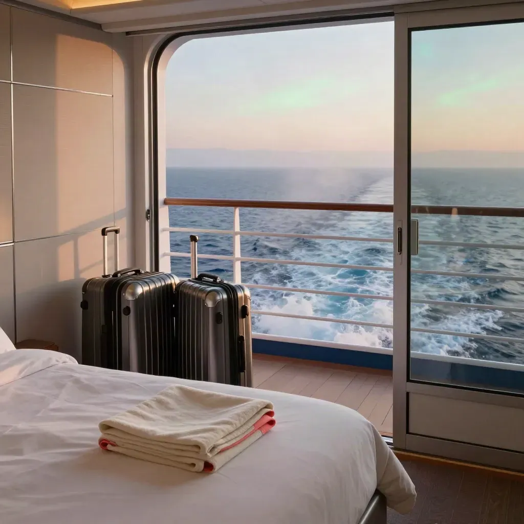 Cabina balcone di nave da crociera all’alba con valigie e mare in vista