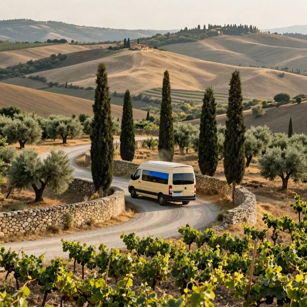 Minibus tra cipressi e colline toscane, con vigneti, pietra e polvere dorata.