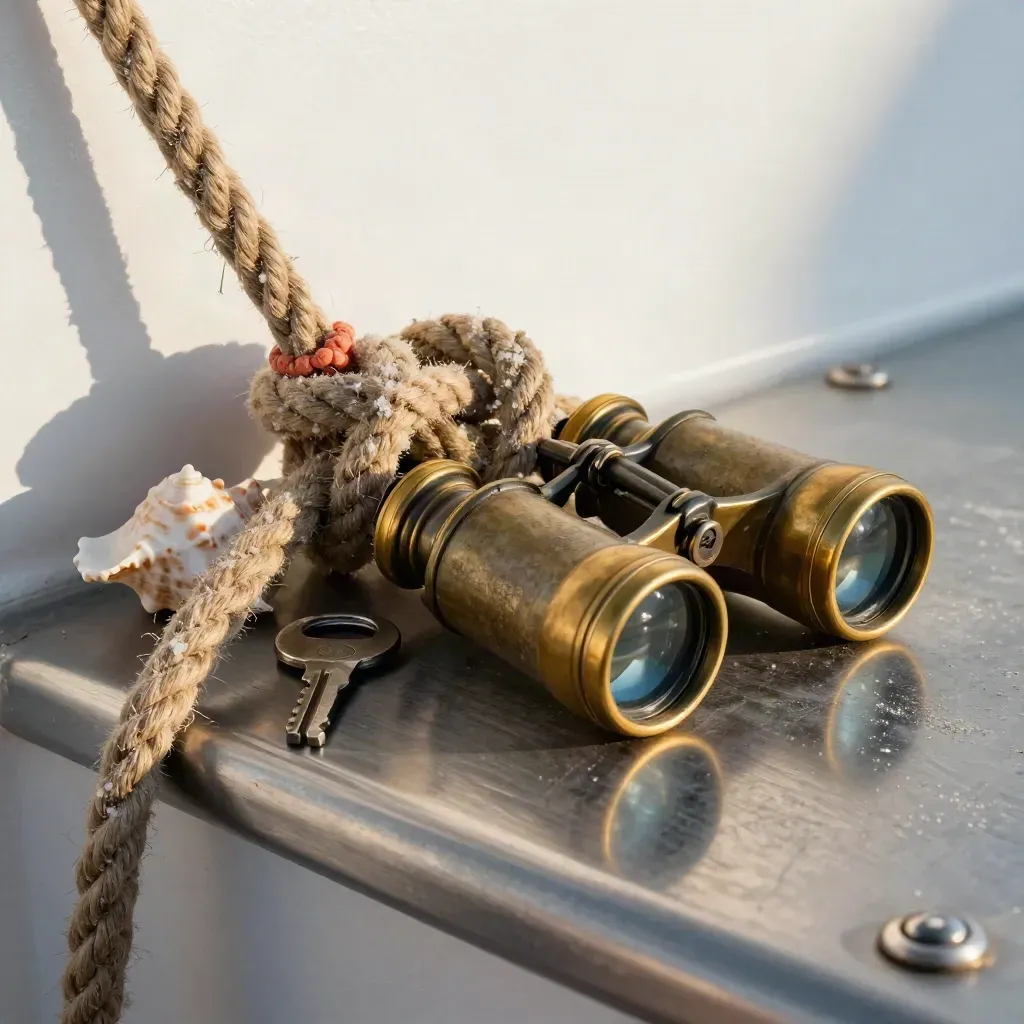 Cima nautica, binocolo in ottone, chiave cabina e conchiglia su acciaio spazzolato.