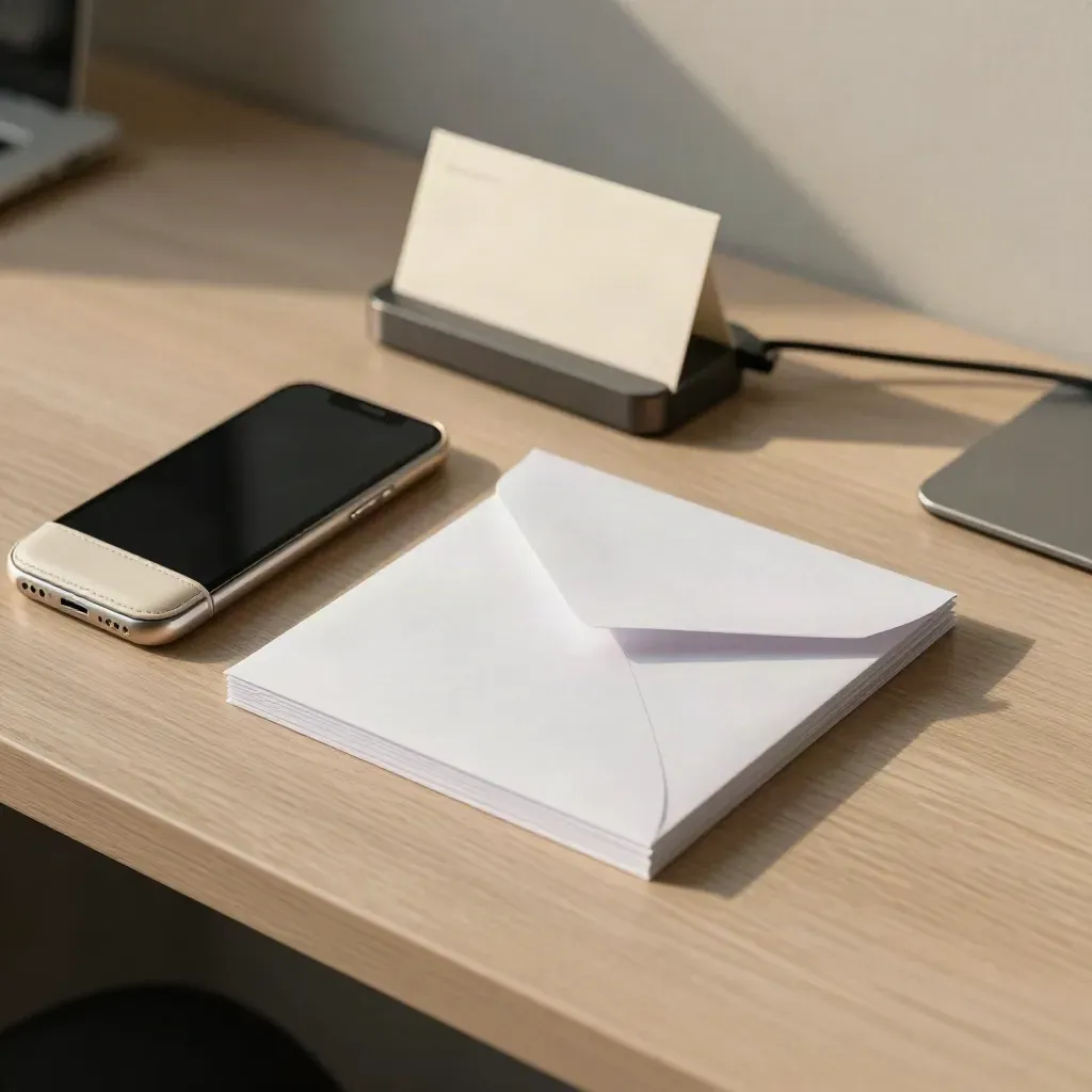 Smartphone spento, custodia headset, buste bianche e base di ricarica su legno chiaro.