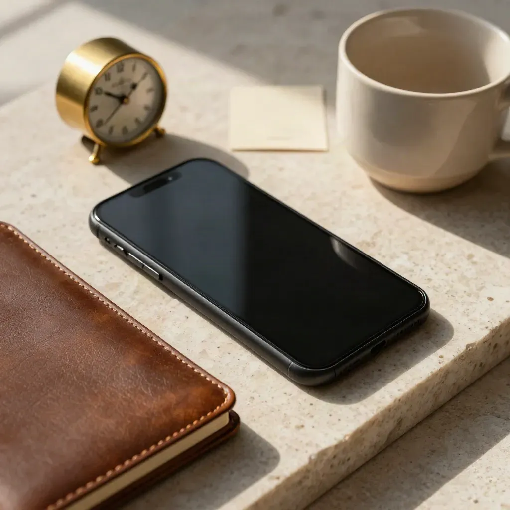 Smartphone, taccuino in pelle, orologio in ottone e tazza su pietra chiara