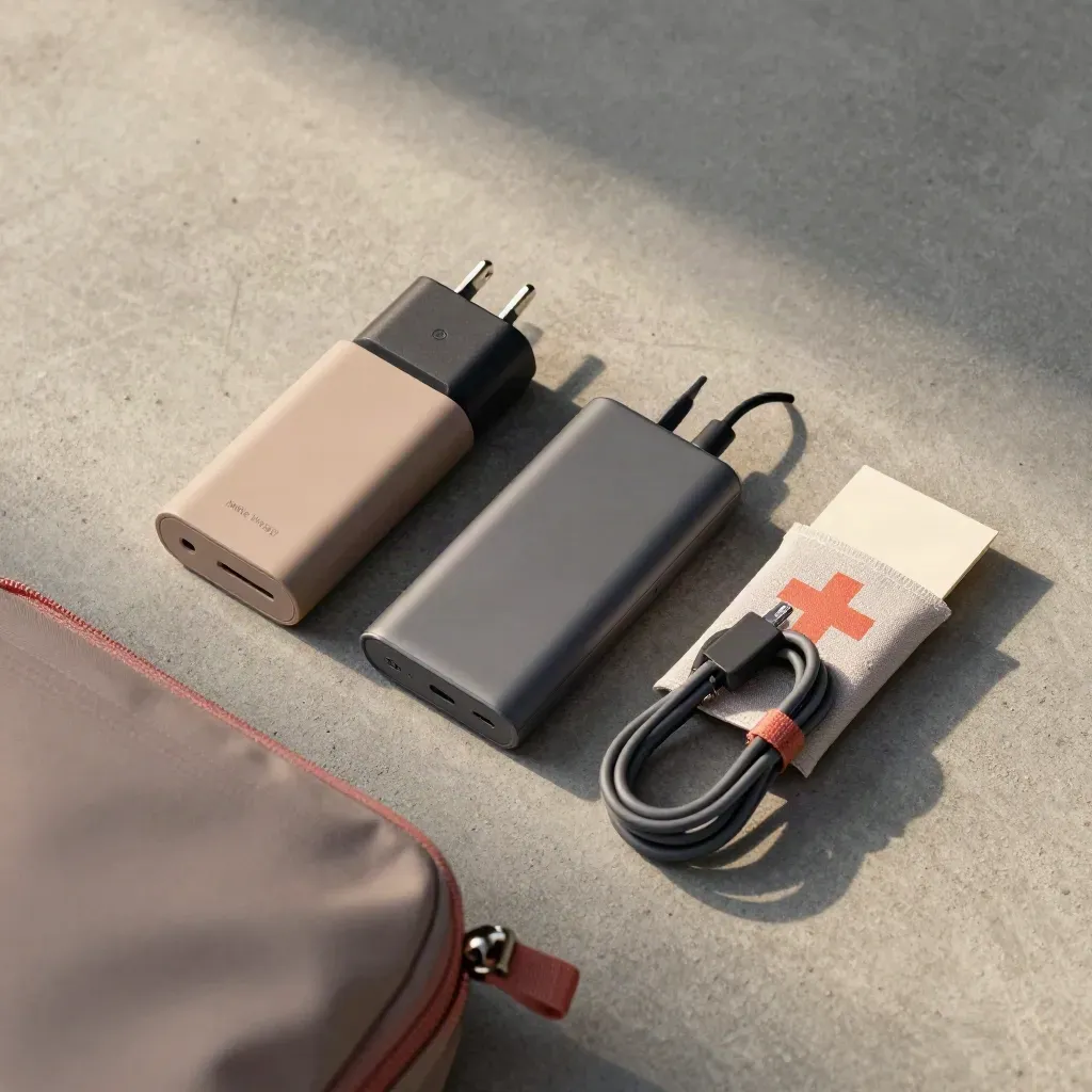 Flatlay di kit viaggio con power bank, adattatore, cavo e kit emergenza su pietra chiara.
