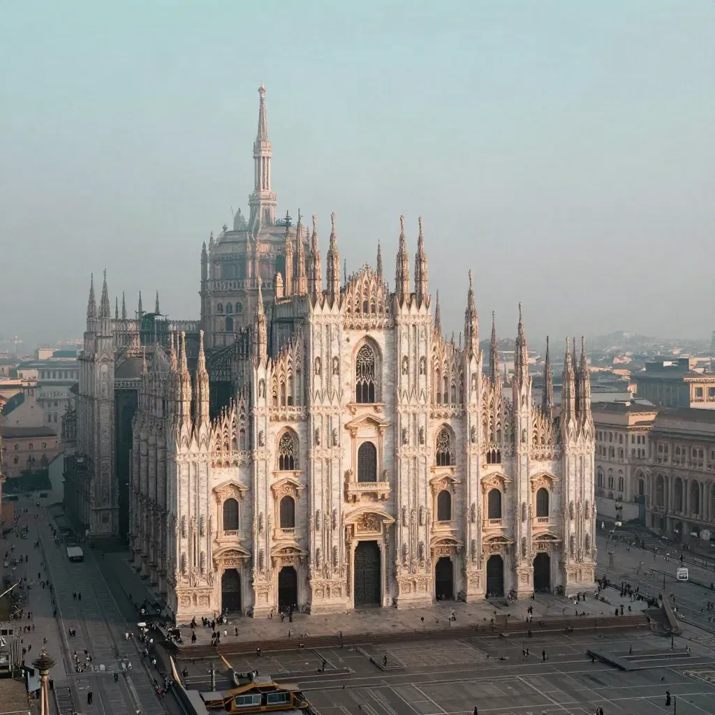 Duomo di Milano sopra la nebbia dell’alba con i tetti chiari in basso