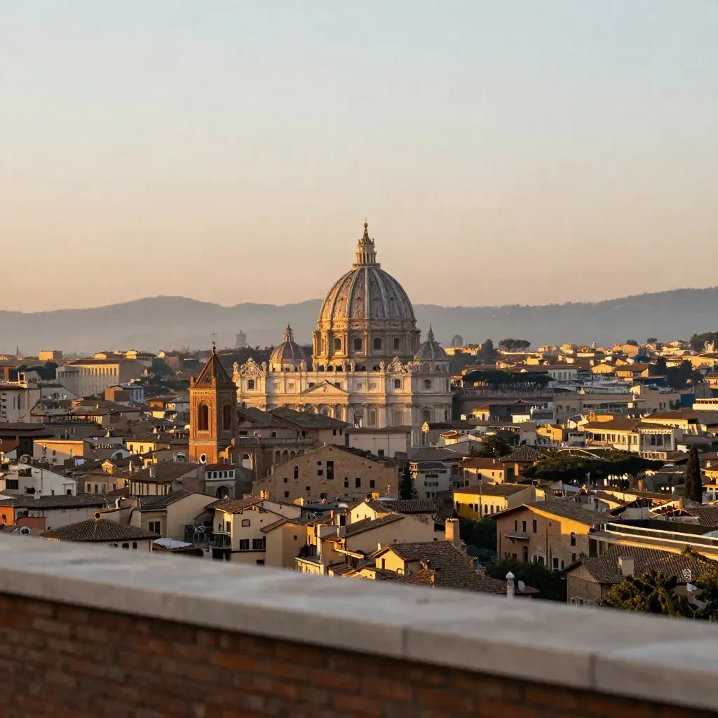 Panorama di Roma al tramonto con cupole e tetti in terracotta, avvolti da foschia calda.