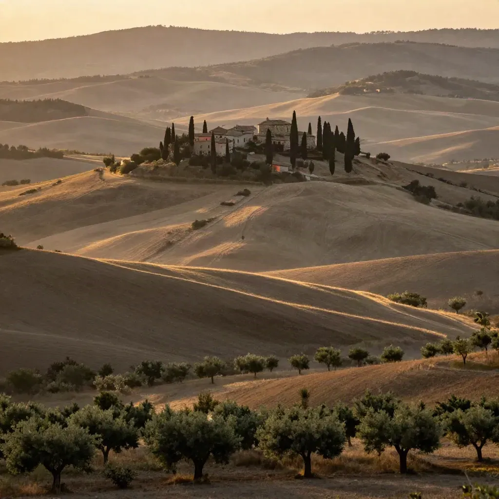 Colline toscane al tramonto con cipressi, borgo in alto e campi dorati nella foschia