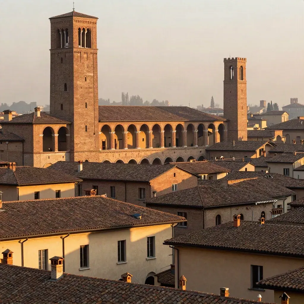 Bologna dall’alto, torri e portici in mattoni sopra una base calma e luminosa per il testo