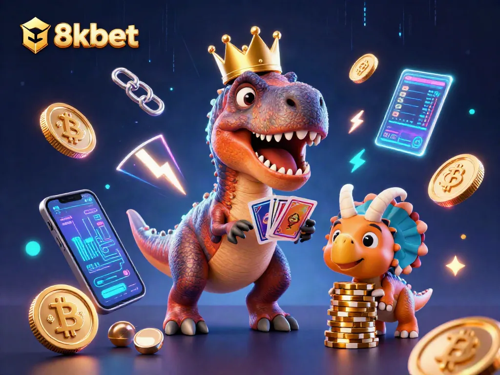 8xbet showcases a dynamic 3D scene with a T-Rex shuffling cards amid neon crypto elements.