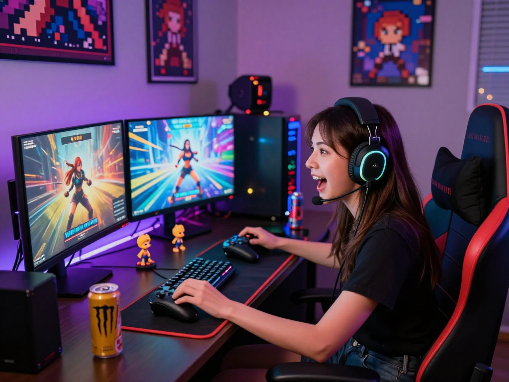 Female porn game scene featuring a focused gamer with vibrant gaming setup, displaying energetic atmosphere.