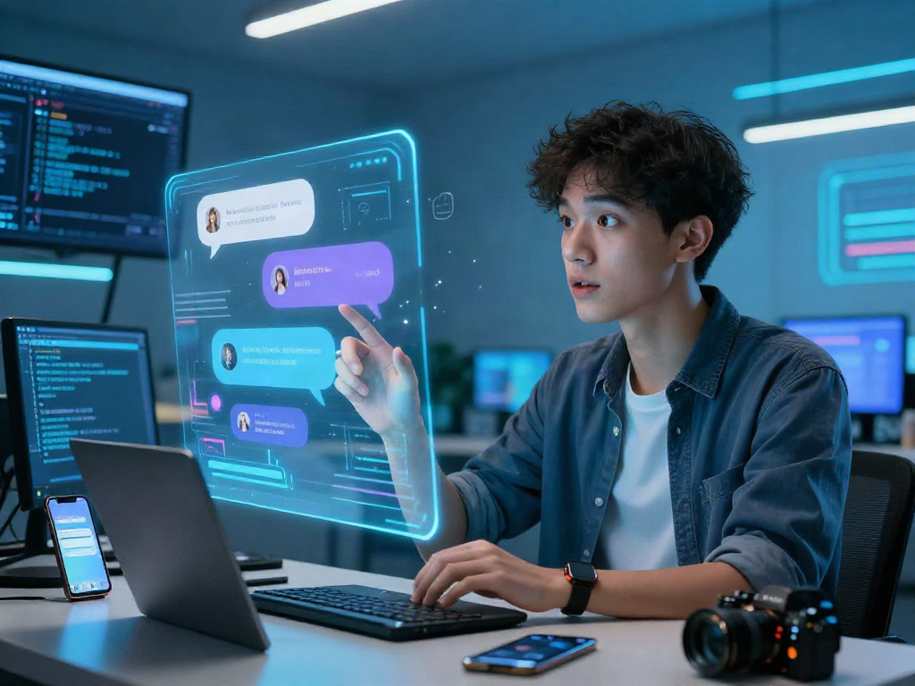 Engaging user with AI chat interface highlighting ai nsfw chat interactions in a futuristic setting.