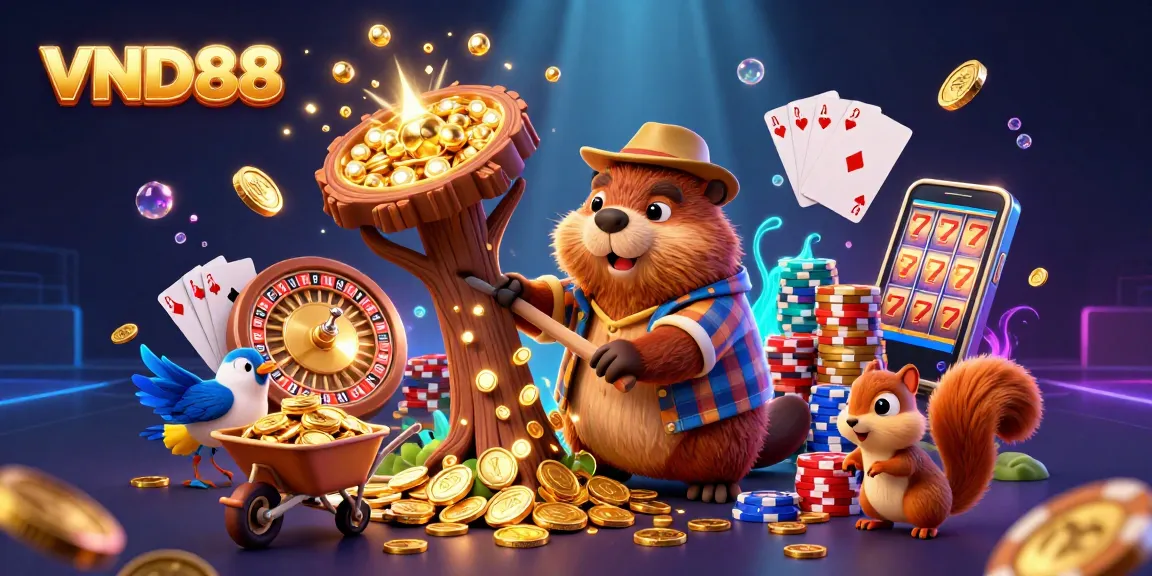 Spin the wheel for rewards with VND88, featuring dynamic casino characters and vibrant gold coins.