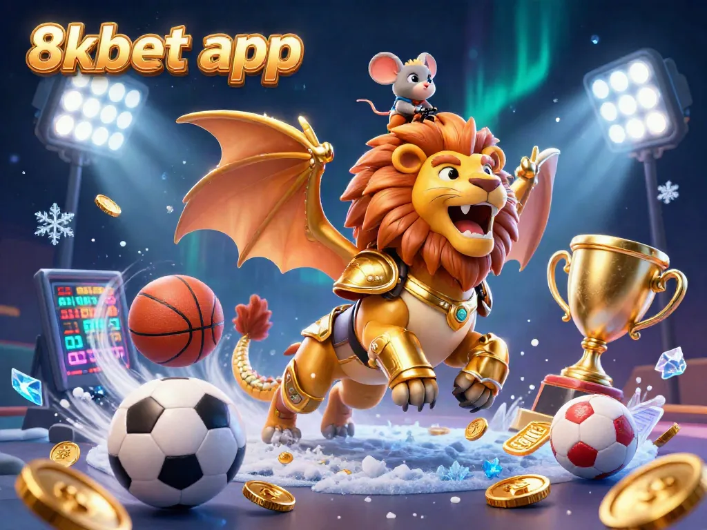 Engage with the electrifying 8xbet app through a vibrant 3D casino illustration showcasing a chimera creature and dynamic sports elements.