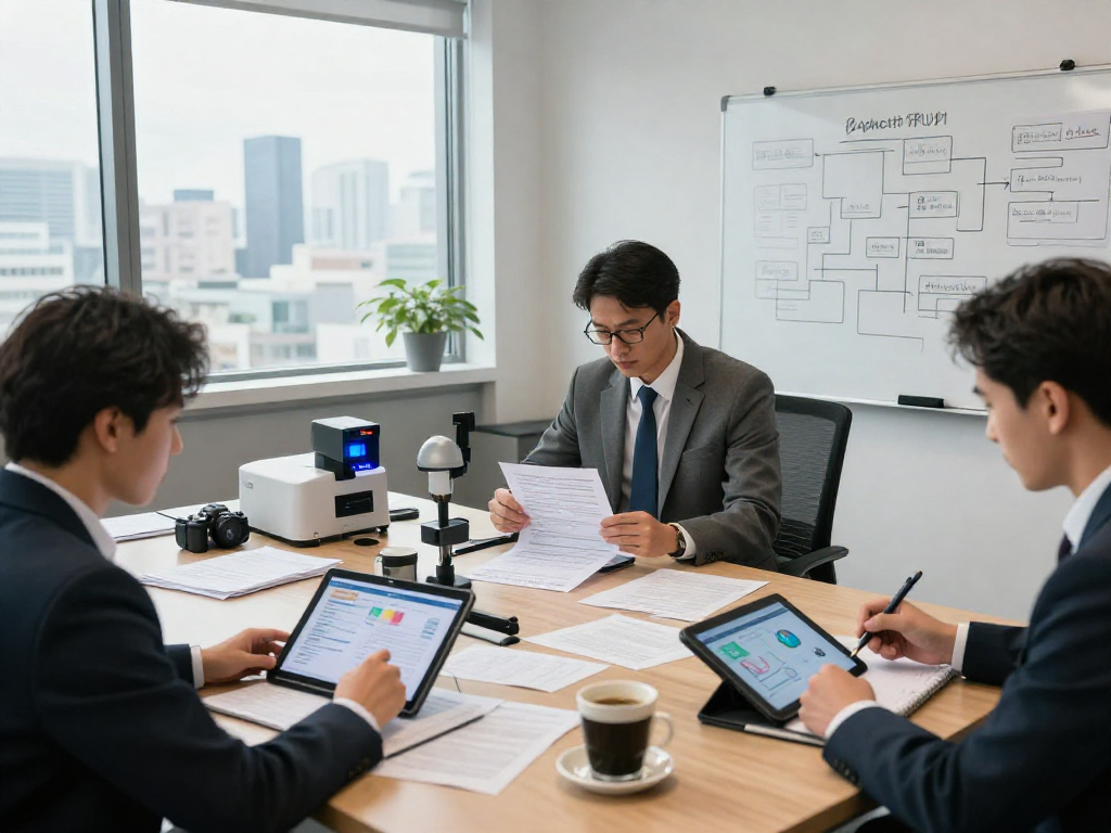 Document fraud detection scene with analysts examining various IDs and contracts in a modern office.