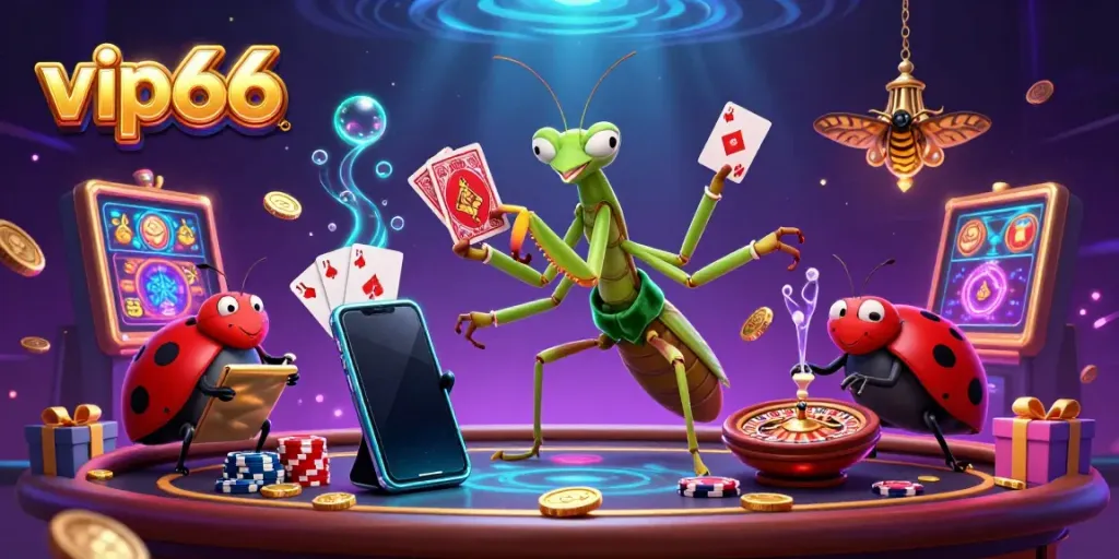 Experience the vibrant gaming world of vip66 with a colorful scene of a card sharp and pit boss in action.